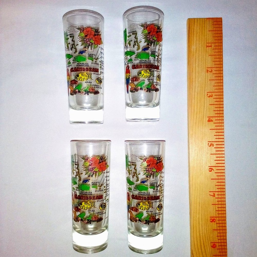 (4) Caribbean Islands Shot Glasses:  Tall. Depicts All Islands.  Retro. Mint